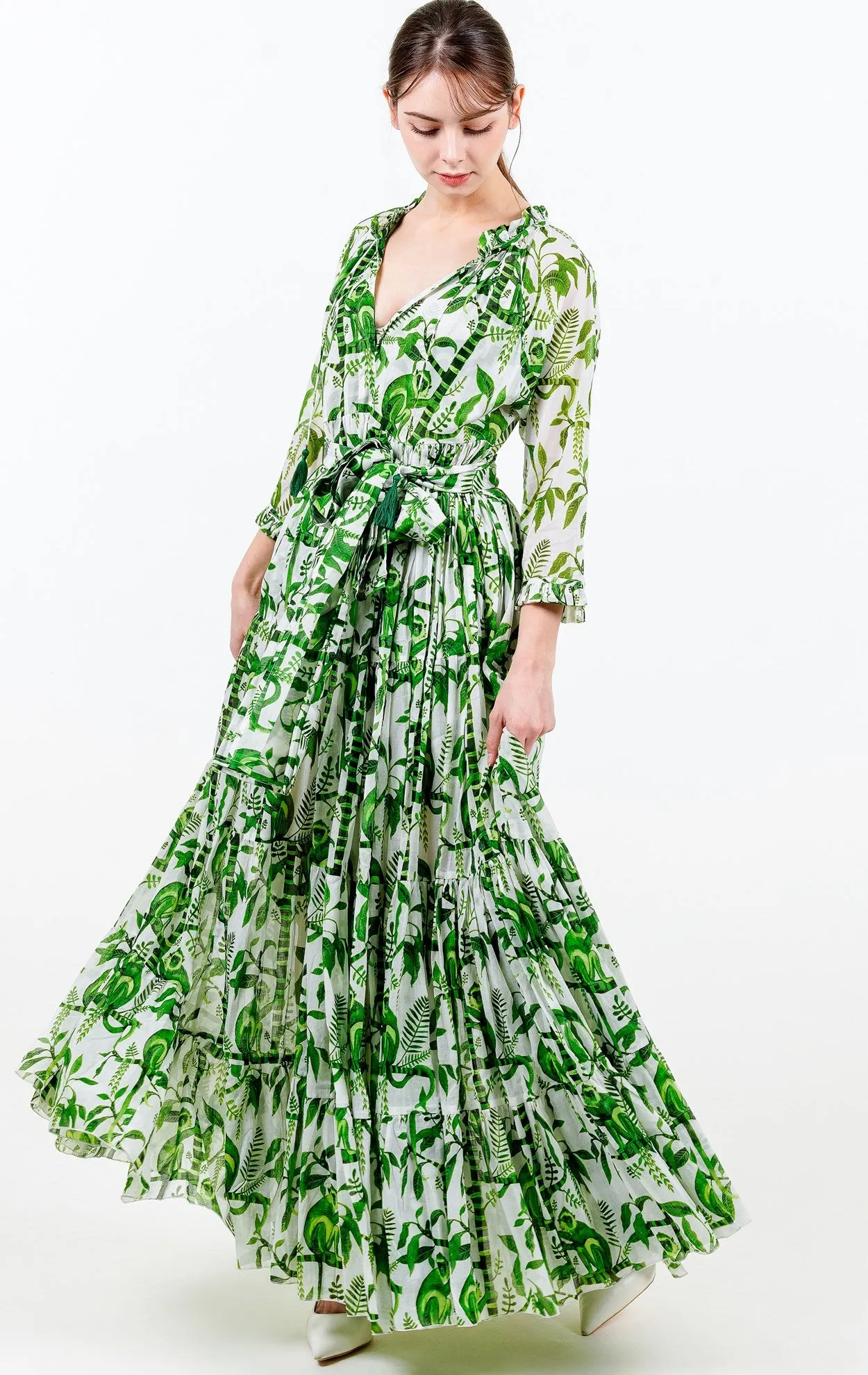 Eden Dress Crew Neck 3/4 Sleeve with Hamilton Belt Maxi Length Cotton Musola (Botanical Monkey)