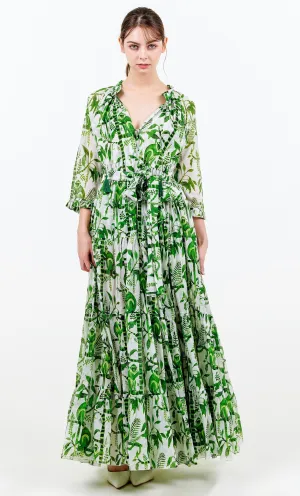 Eden Dress Crew Neck 3/4 Sleeve with Hamilton Belt Maxi Length Cotton Musola (Botanical Monkey)