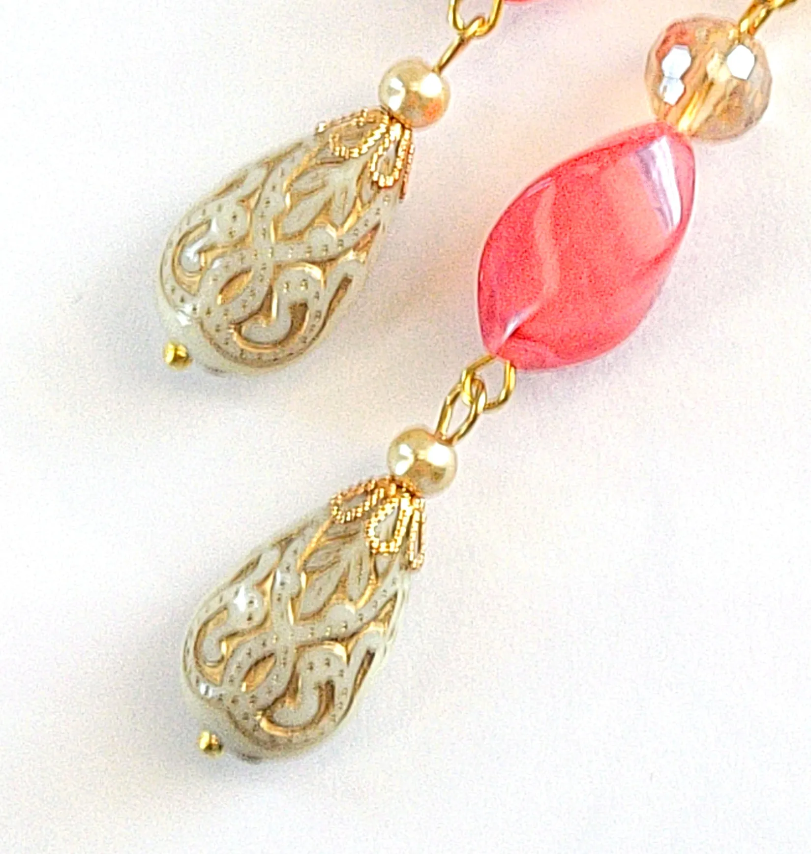 Gold Embossed Teardrop and Crystal Long Boho Dangle Earrings - Ivory and Coral Pink