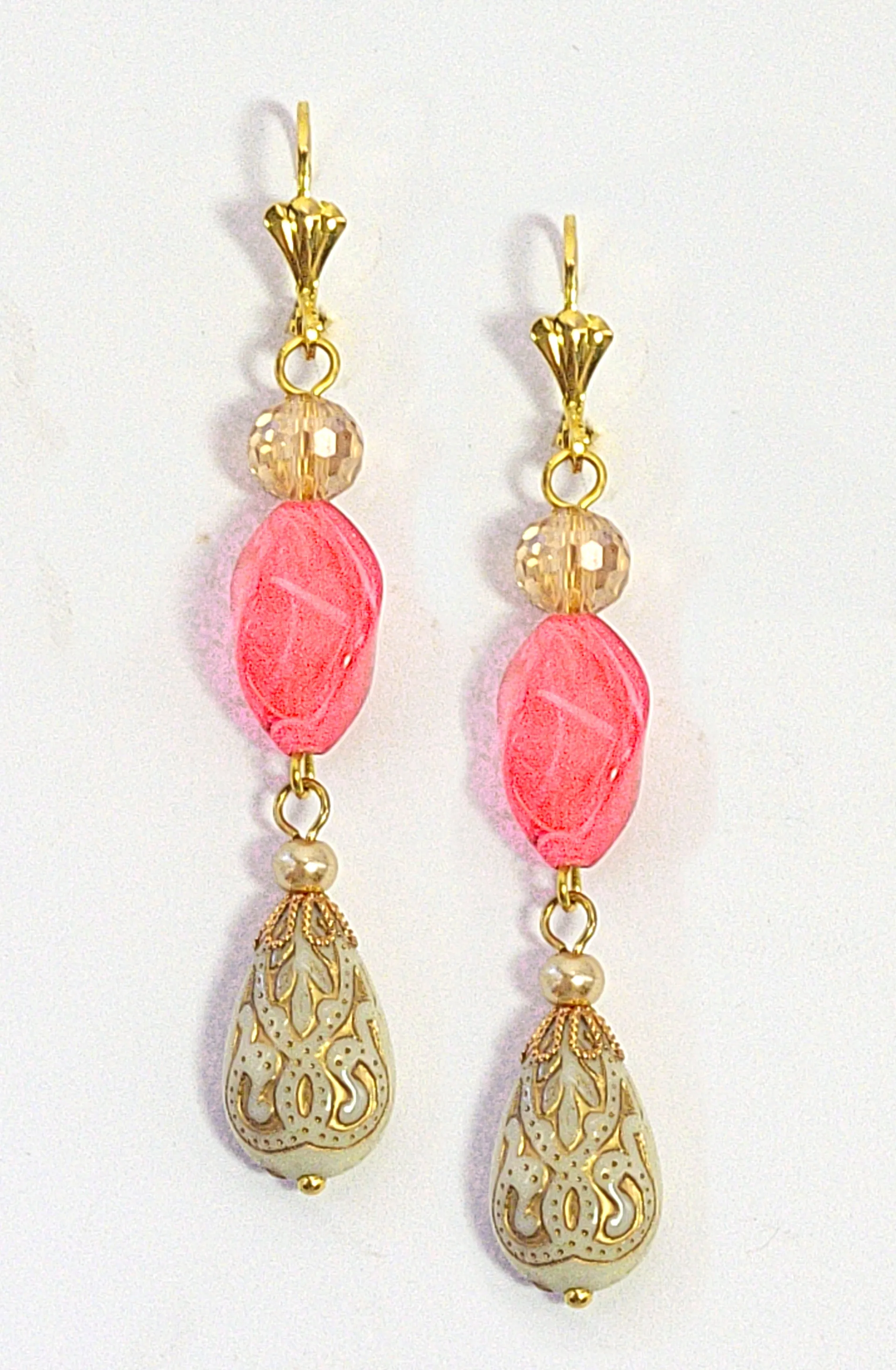 Gold Embossed Teardrop and Crystal Long Boho Dangle Earrings - Ivory and Coral Pink