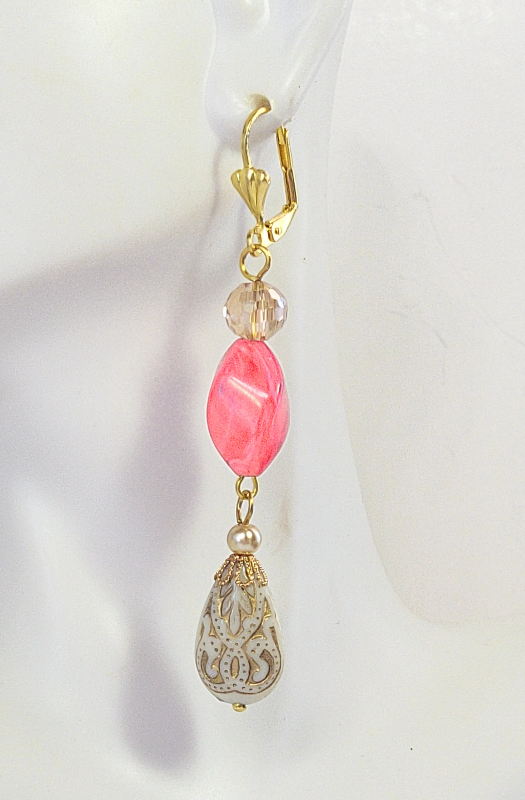 Gold Embossed Teardrop and Crystal Long Boho Dangle Earrings - Ivory and Coral Pink