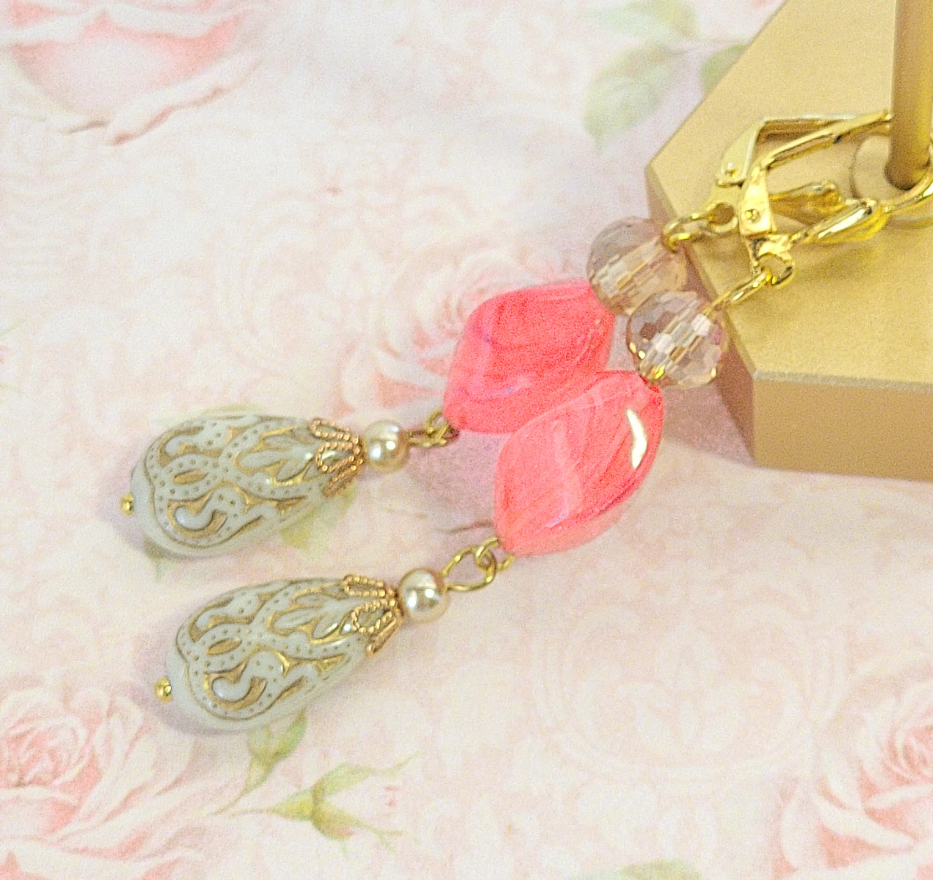 Gold Embossed Teardrop and Crystal Long Boho Dangle Earrings - Ivory and Coral Pink