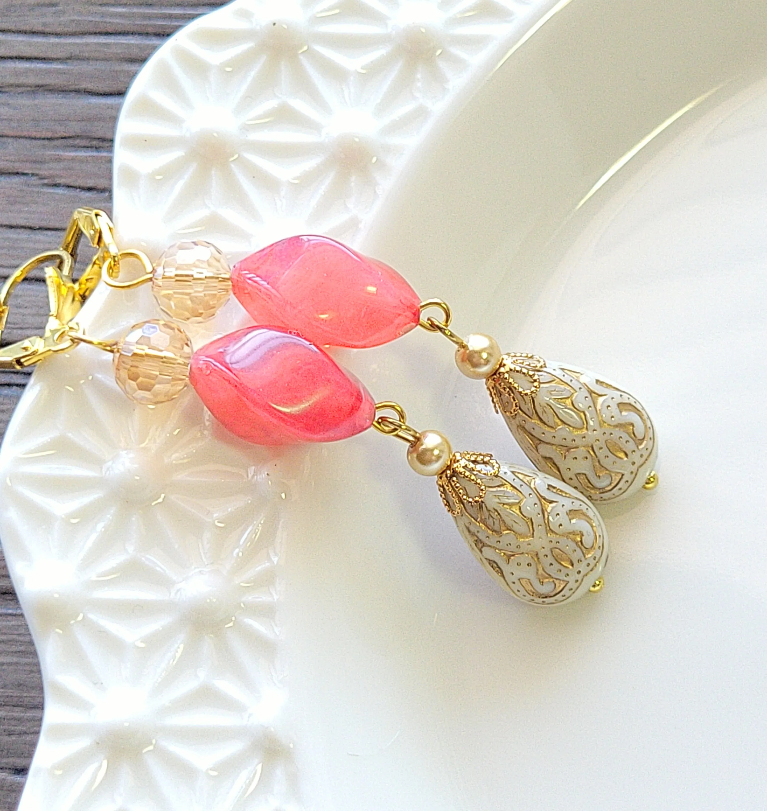Gold Embossed Teardrop and Crystal Long Boho Dangle Earrings - Ivory and Coral Pink