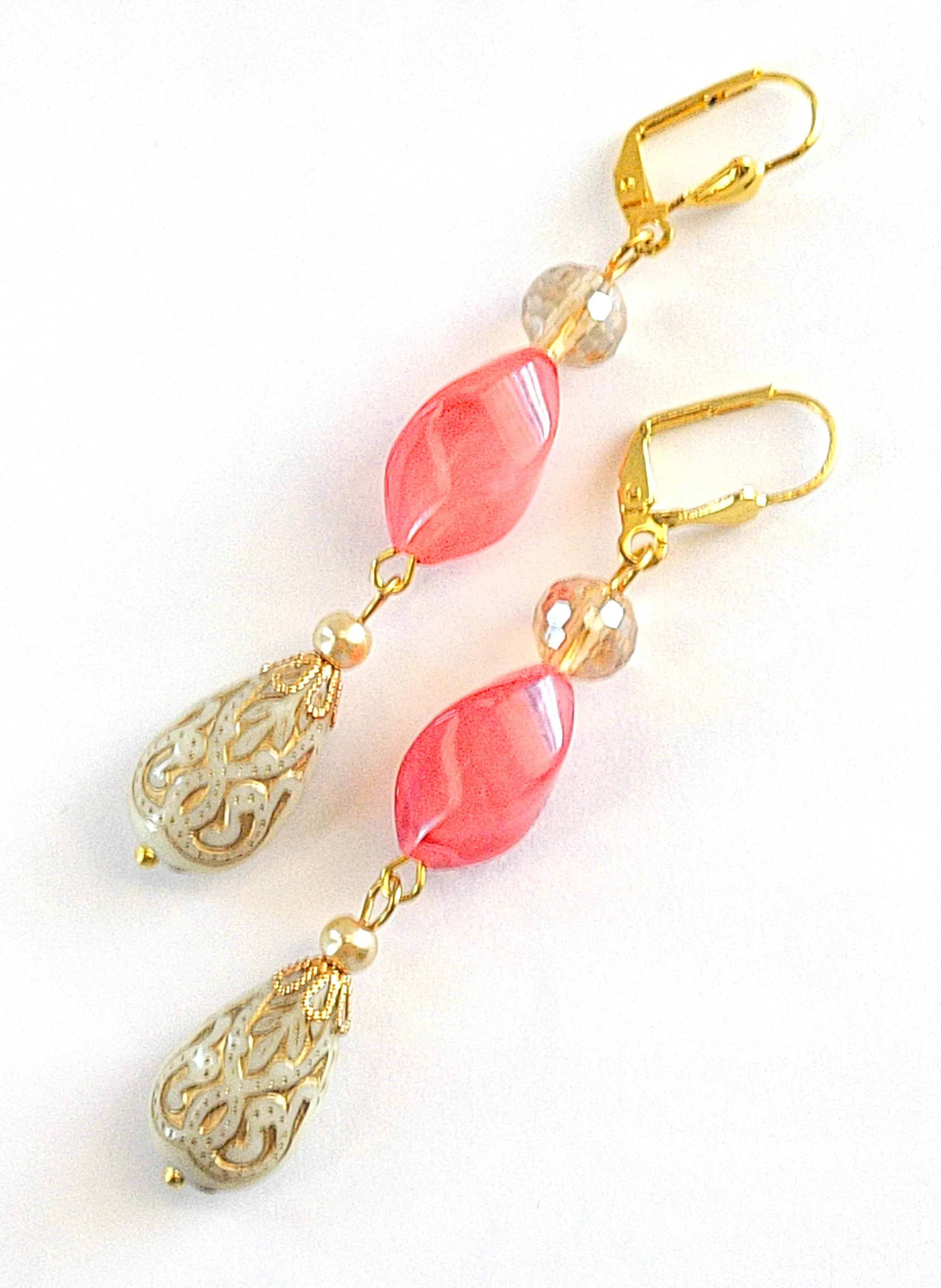 Gold Embossed Teardrop and Crystal Long Boho Dangle Earrings - Ivory and Coral Pink