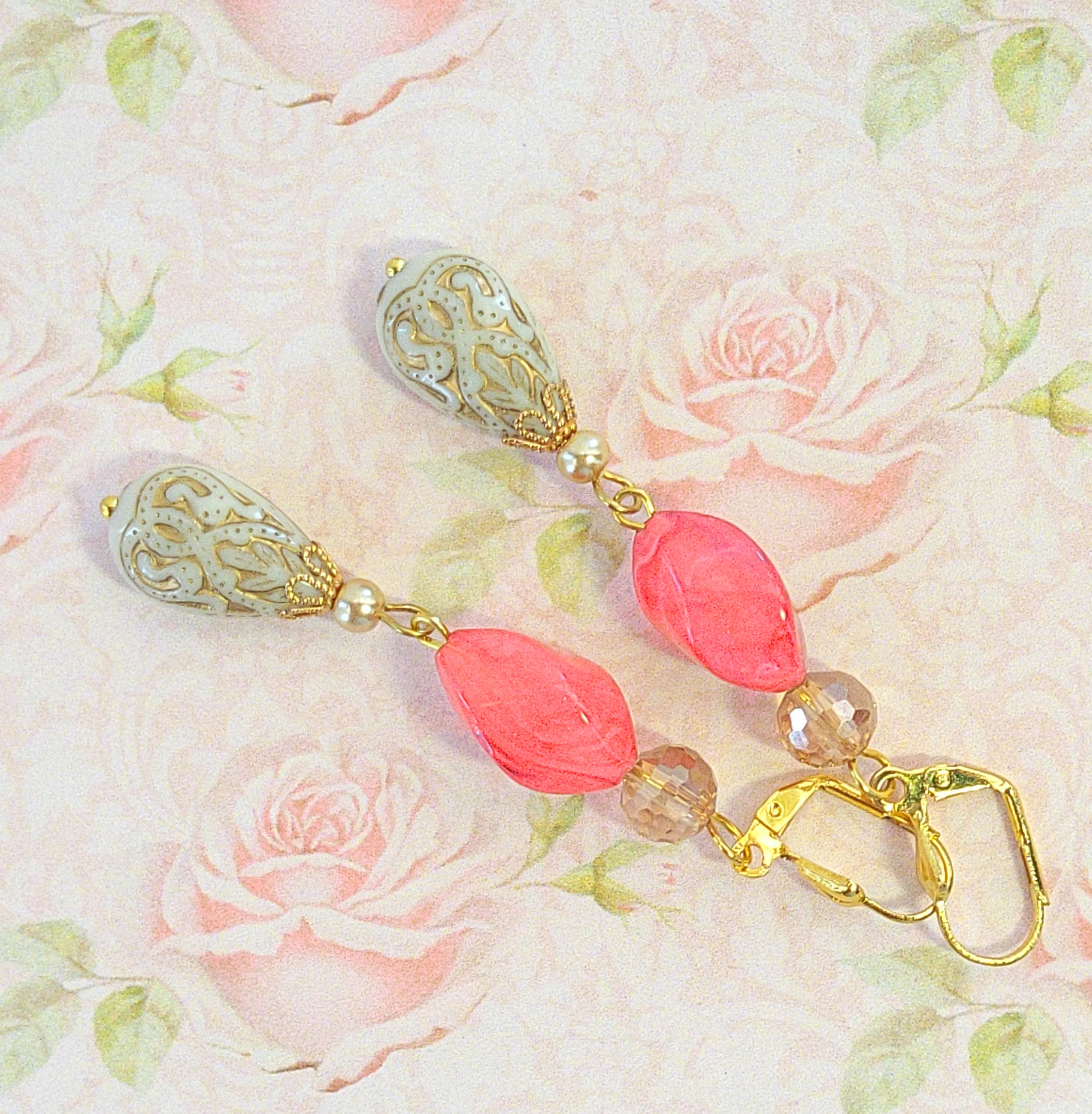 Gold Embossed Teardrop and Crystal Long Boho Dangle Earrings - Ivory and Coral Pink