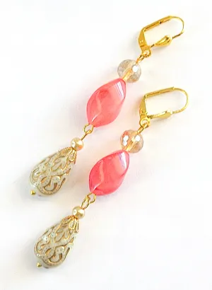 Gold Embossed Teardrop and Crystal Long Boho Dangle Earrings - Ivory and Coral Pink