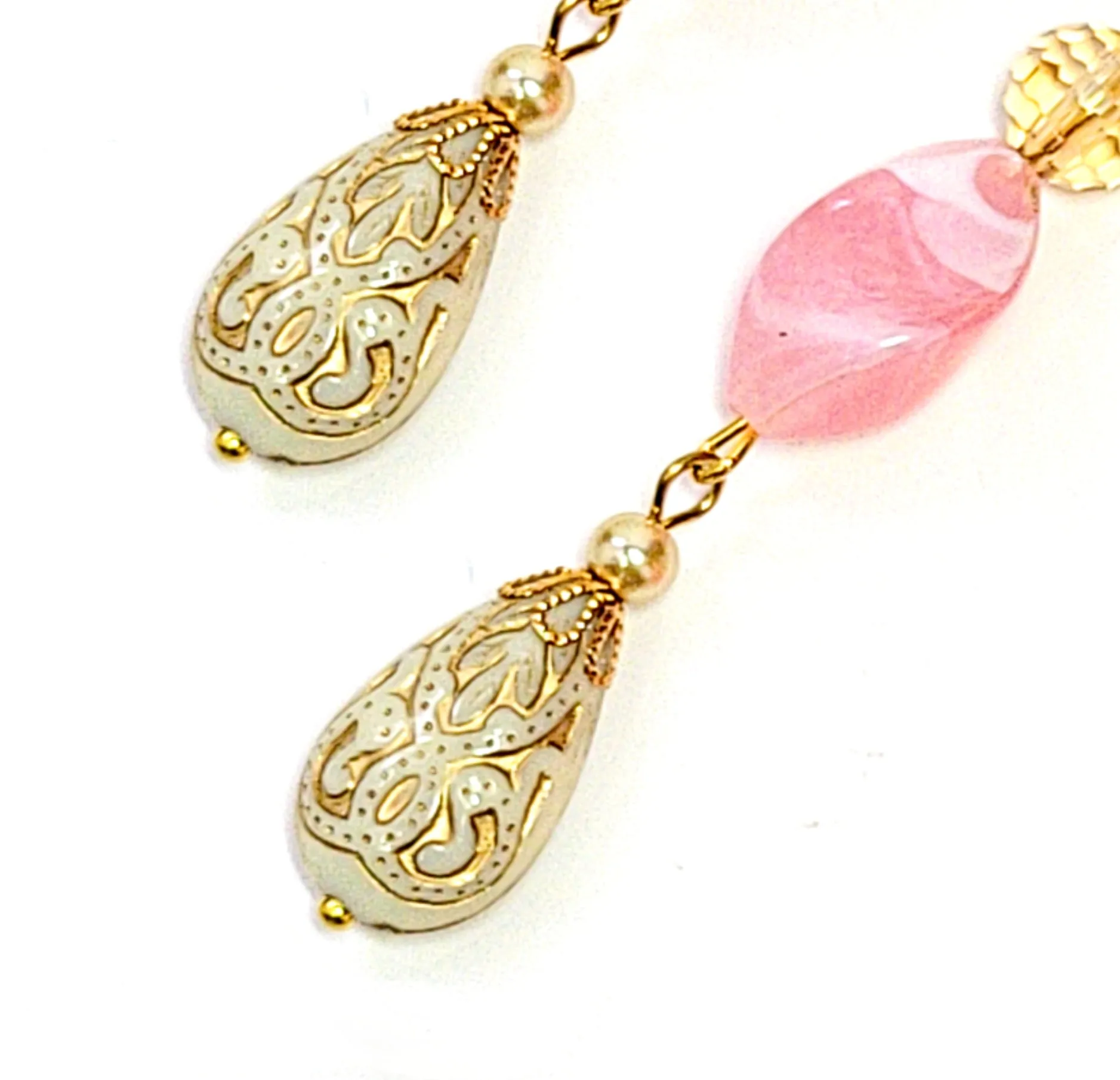 Gold Embossed Teardrop and Crystal Long Boho Dangle Earrings - Ivory and Rosy Pink