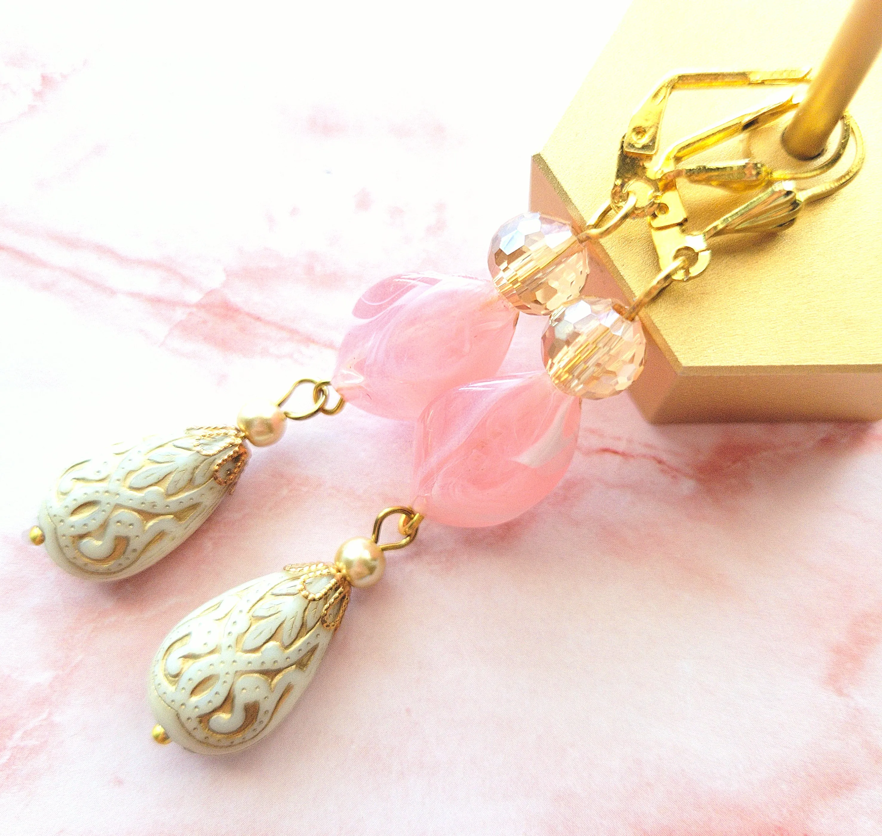 Gold Embossed Teardrop and Crystal Long Boho Dangle Earrings - Ivory and Rosy Pink