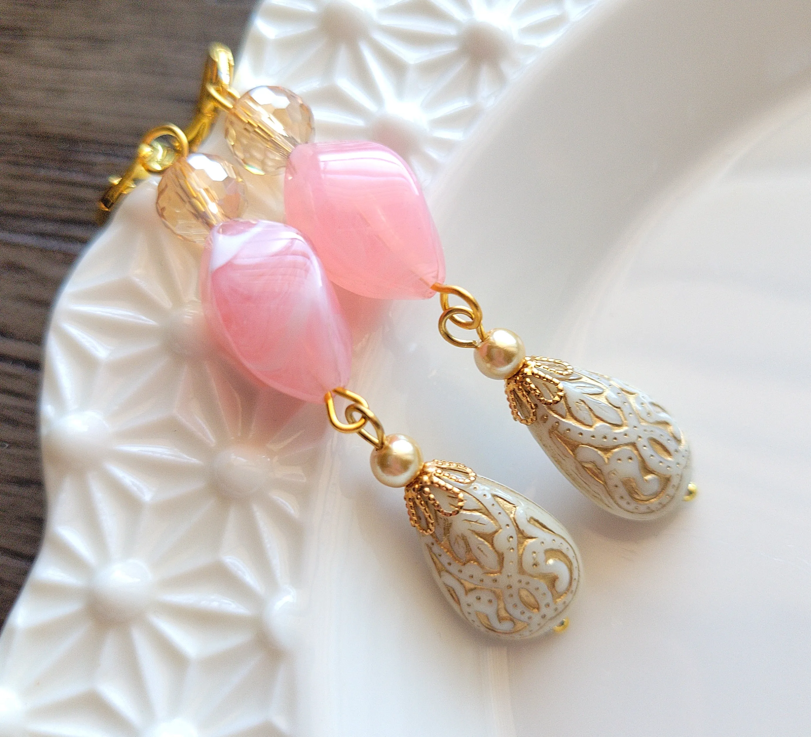 Gold Embossed Teardrop and Crystal Long Boho Dangle Earrings - Ivory and Rosy Pink