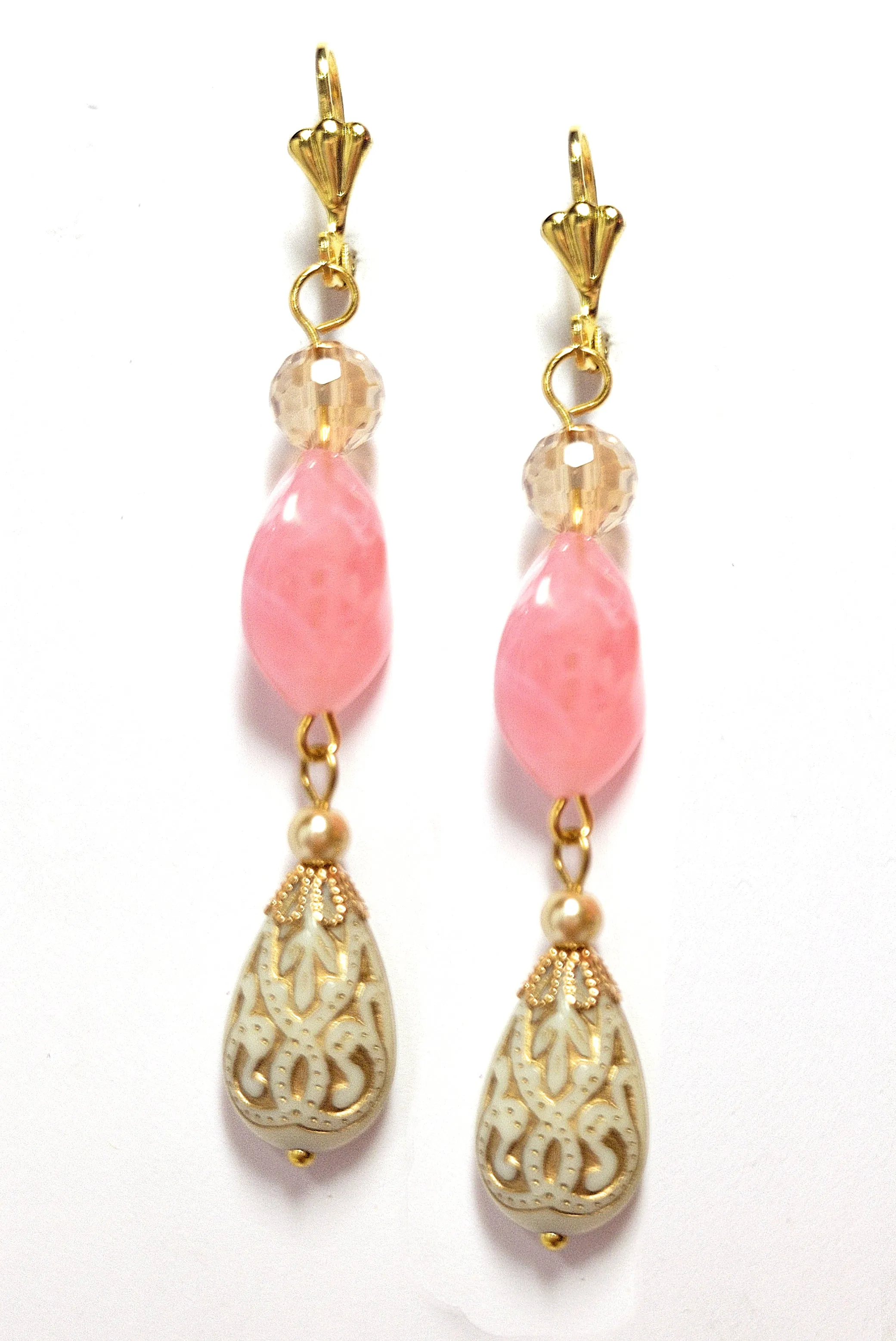 Gold Embossed Teardrop and Crystal Long Boho Dangle Earrings - Ivory and Rosy Pink
