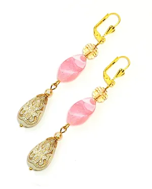 Gold Embossed Teardrop and Crystal Long Boho Dangle Earrings - Ivory and Rosy Pink
