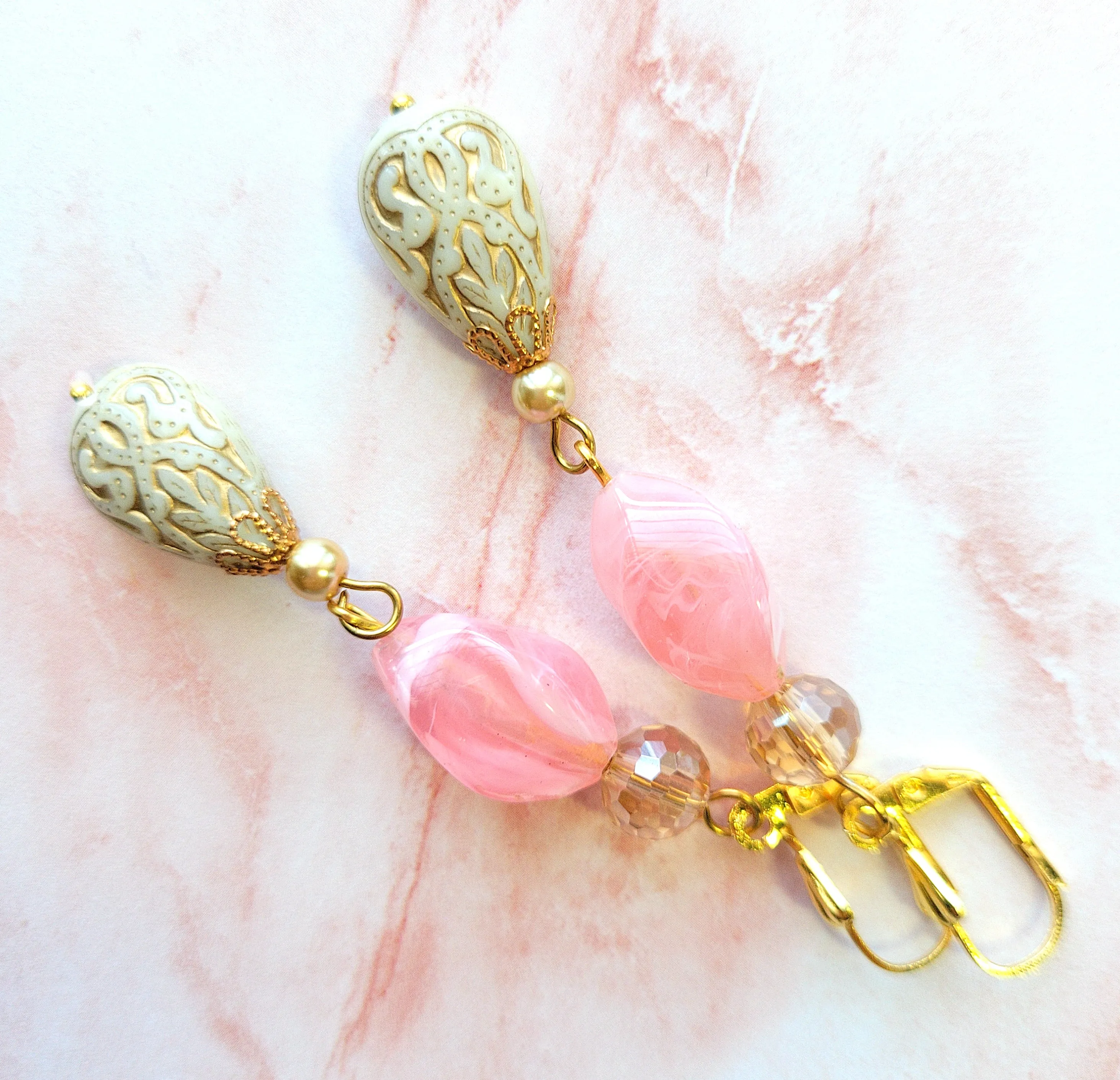 Gold Embossed Teardrop and Crystal Long Boho Dangle Earrings - Ivory and Rosy Pink