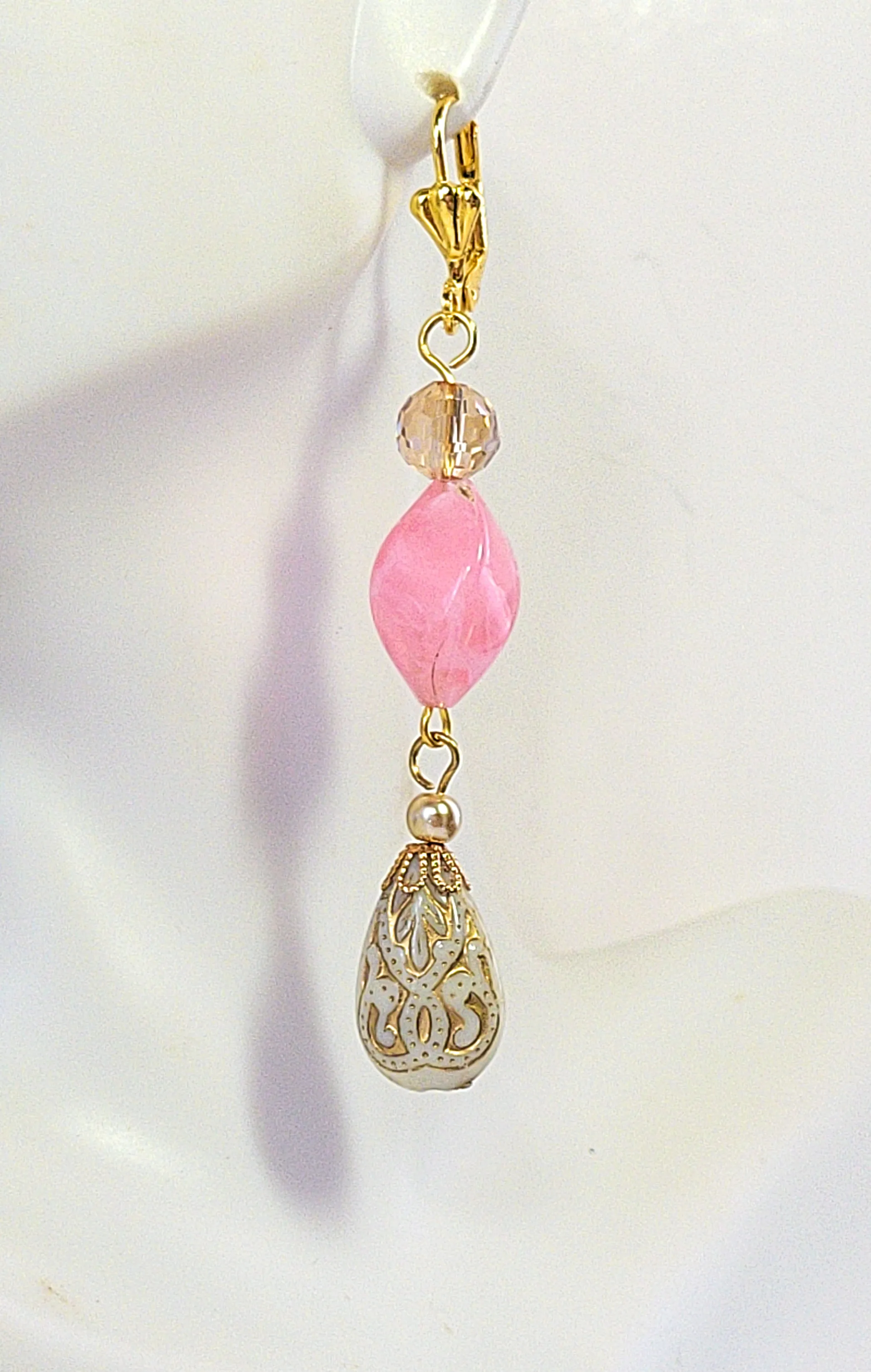 Gold Embossed Teardrop and Crystal Long Boho Dangle Earrings - Ivory and Rosy Pink