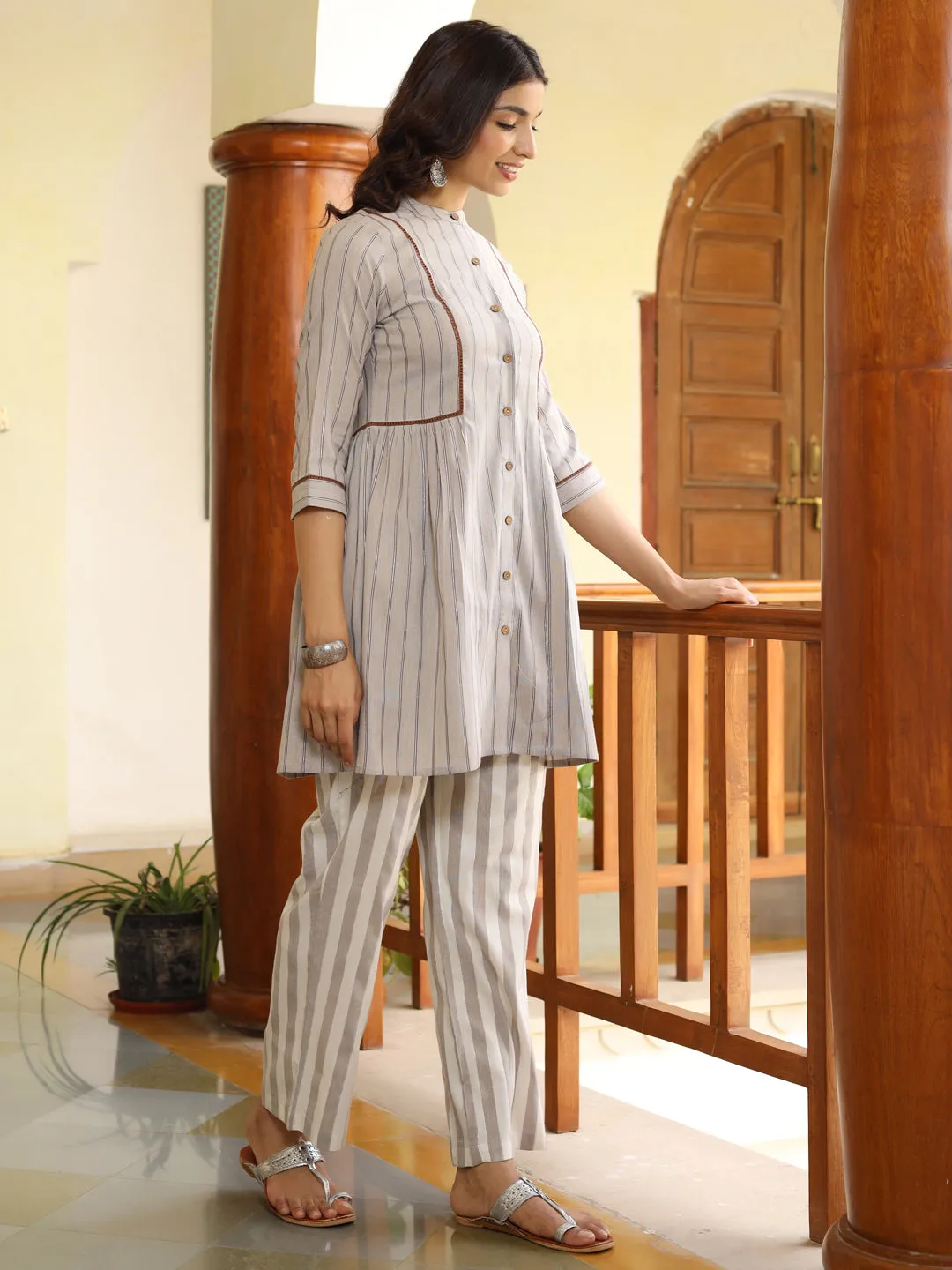 Grey Yarn Dyed Stripes Poly Cotton Co-Ord Top & Palazzo Set