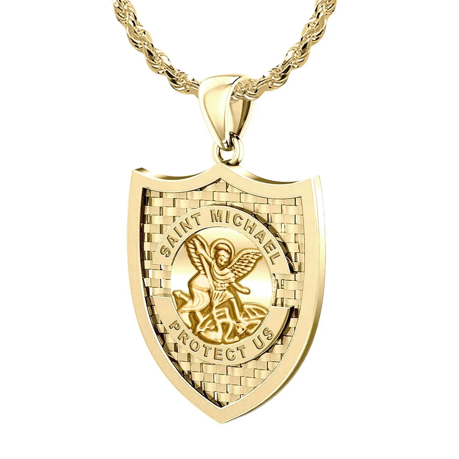 Ladies 14K Yellow Gold Saint Michael Pendant Necklace, 28mm