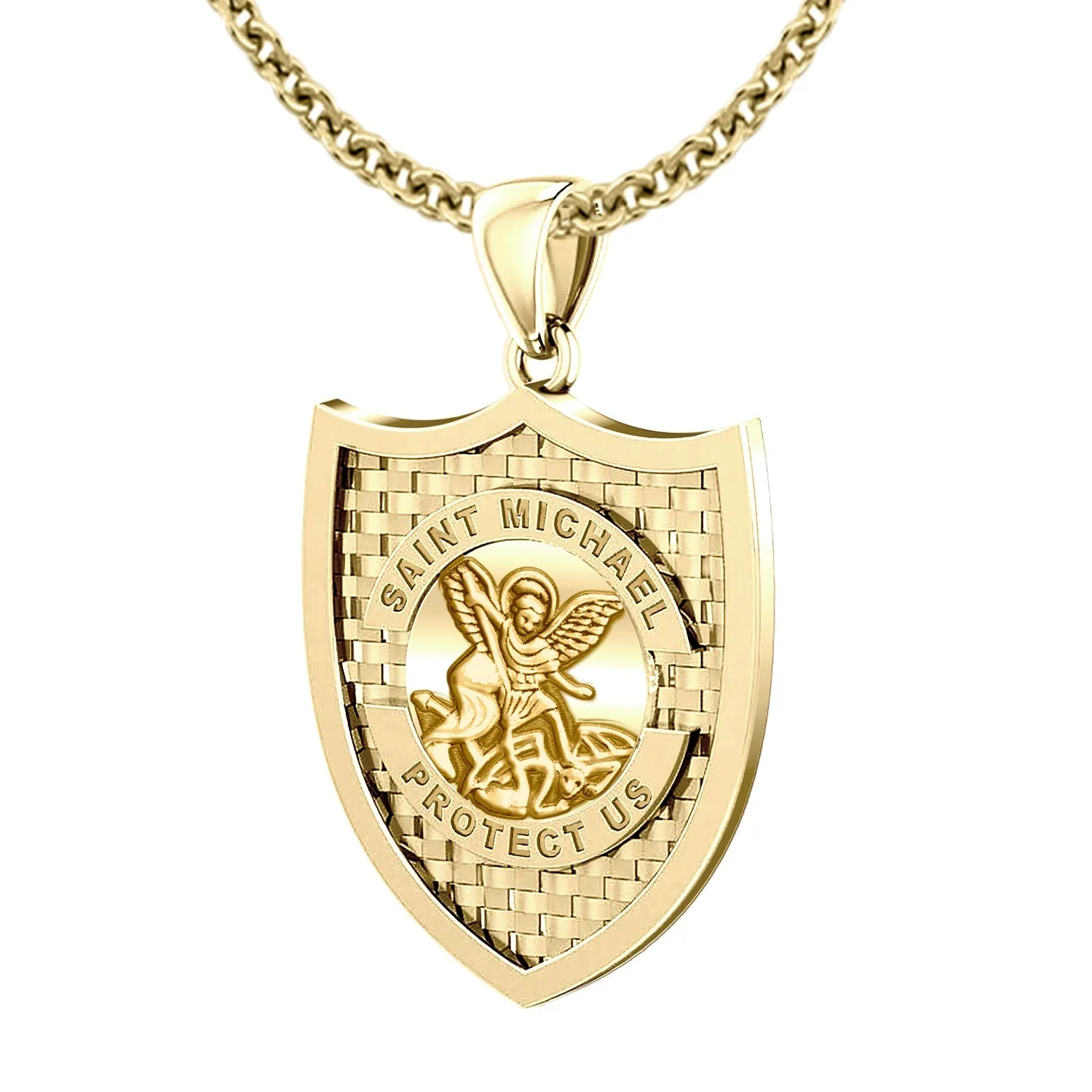 Ladies 14K Yellow Gold Saint Michael Pendant Necklace, 28mm