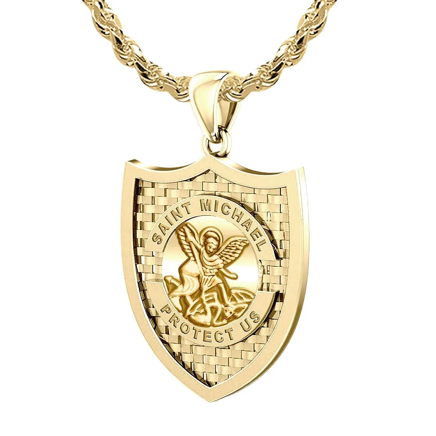 Ladies 14K Yellow Gold Saint Michael Pendant Necklace, 28mm