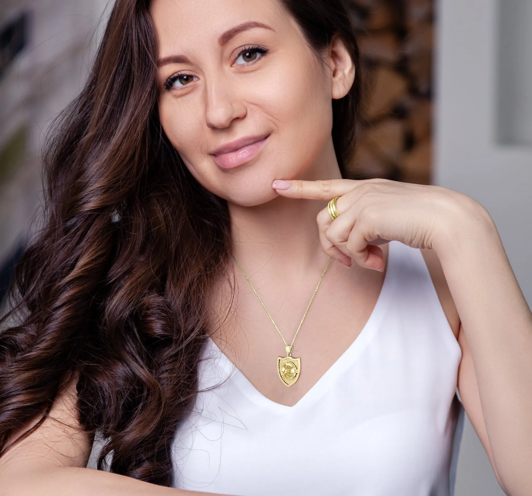 Ladies 14K Yellow Gold Saint Michael Pendant Necklace, 28mm