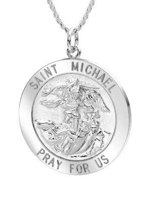 Ladies 925 Sterling Silver Saint Michael Round Pendant Necklace, 22mm