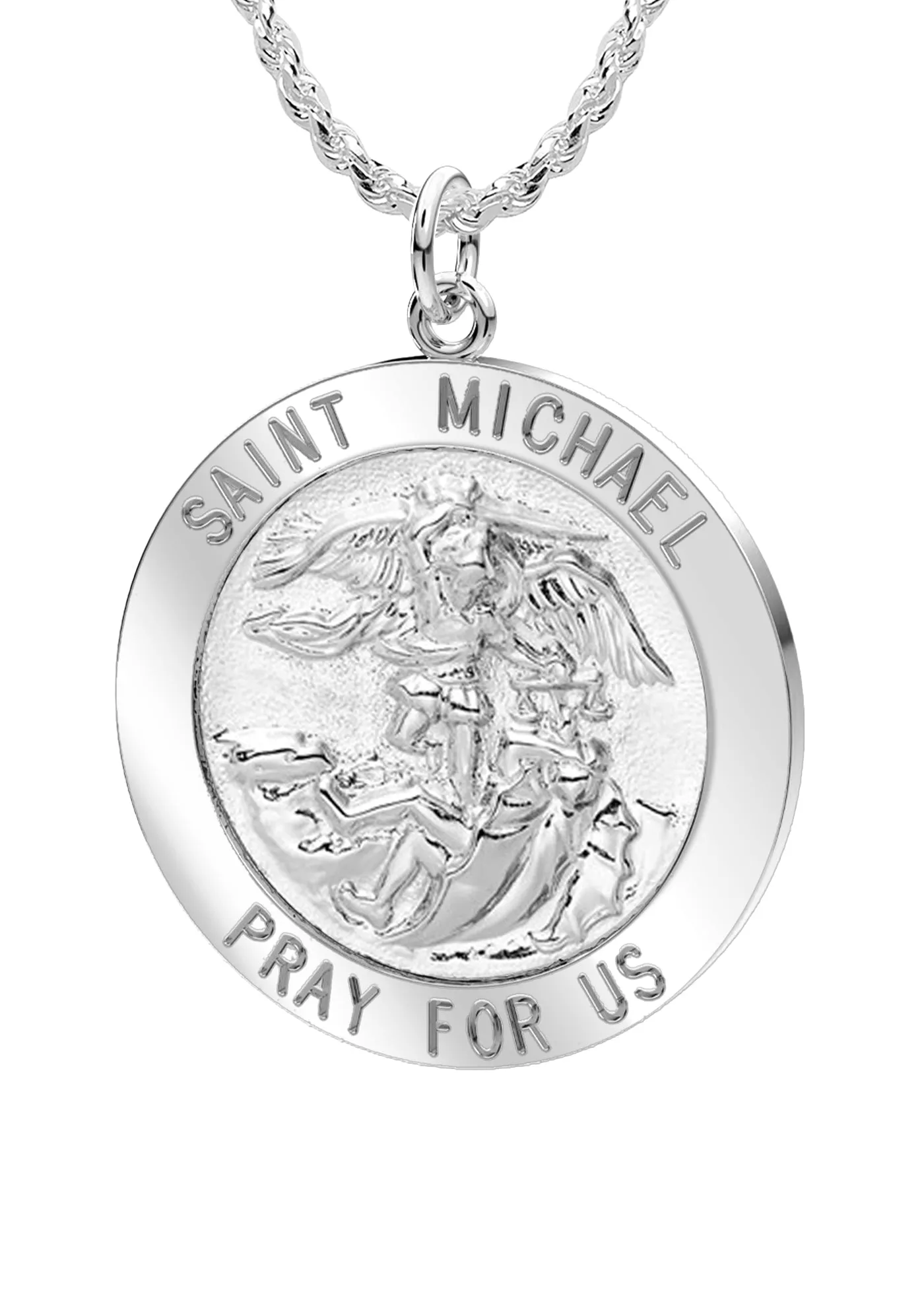 Ladies 925 Sterling Silver Saint Michael Round Pendant Necklace, 22mm