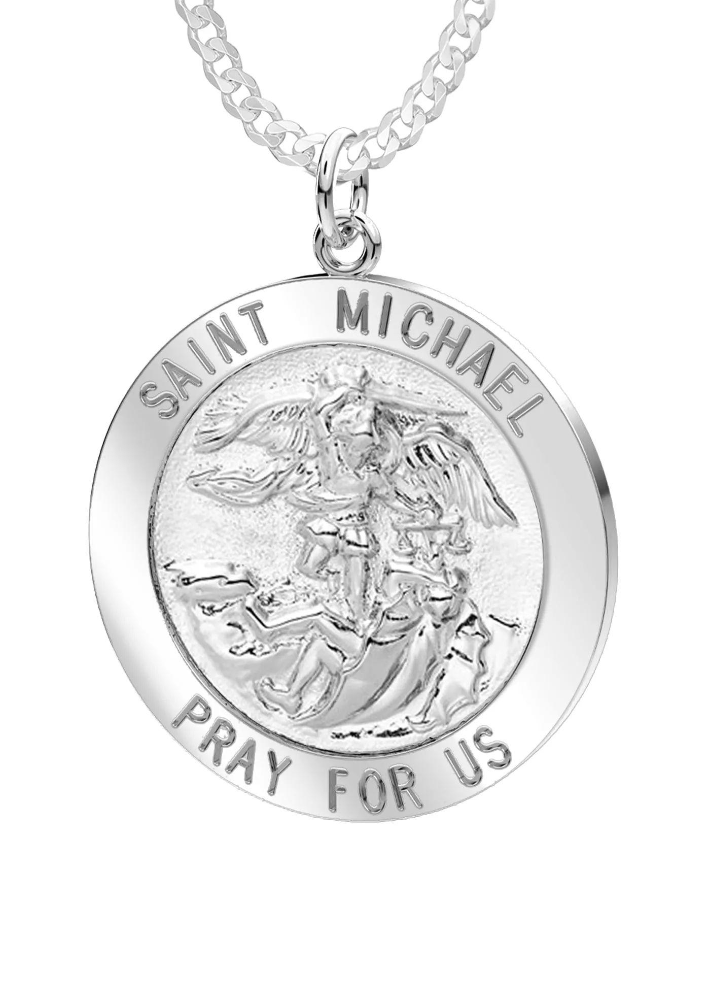 Ladies 925 Sterling Silver Saint Michael Round Pendant Necklace, 22mm