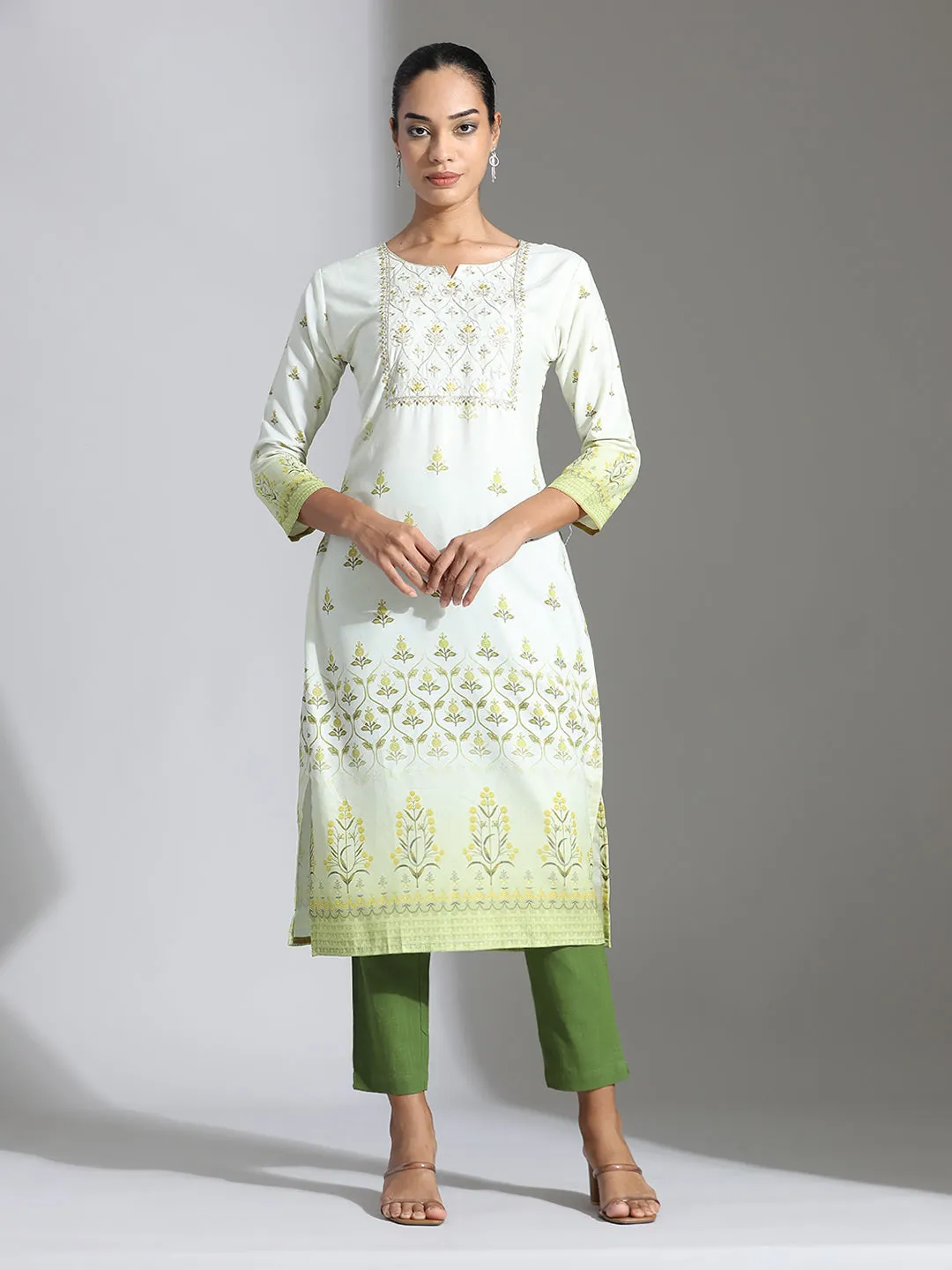 Light Green Printed Poly Rayon Straight Kurta