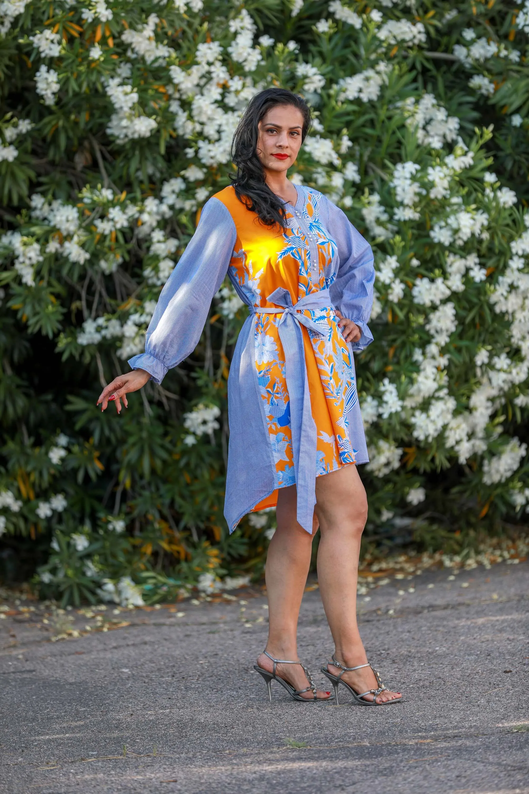 Long Sleeve Print Tie Dress With Pearl Buttons