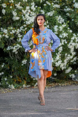 Long Sleeve Print Tie Dress With Pearl Buttons