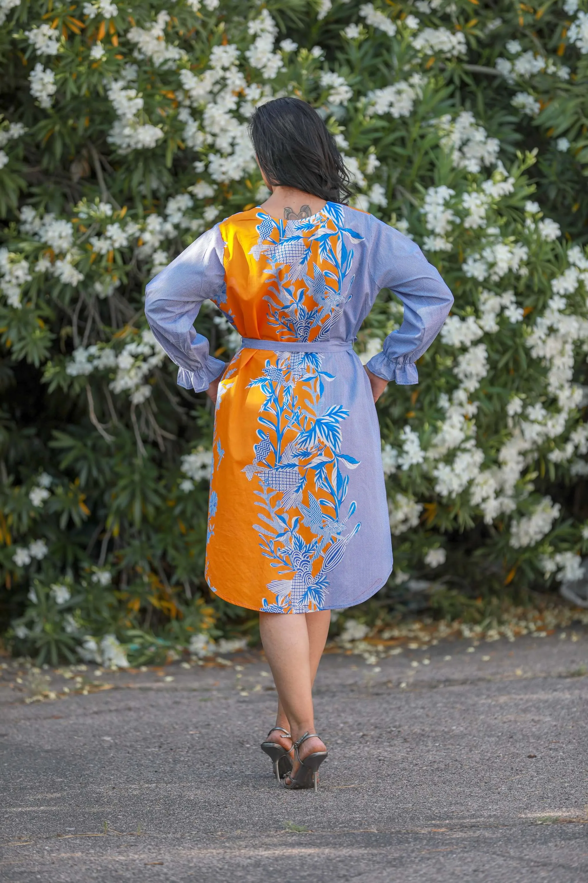 Long Sleeve Print Tie Dress With Pearl Buttons