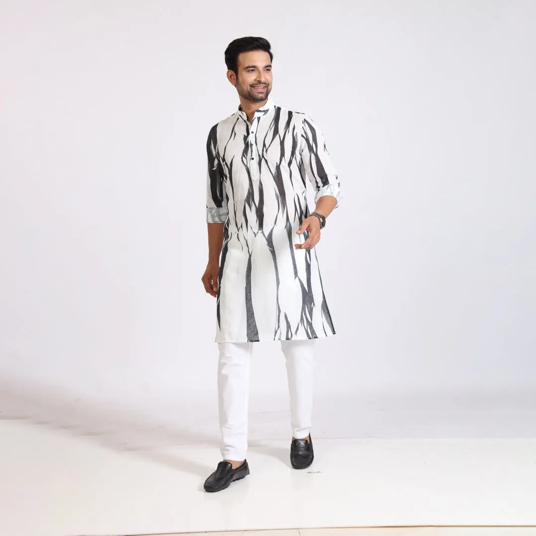 Men's Black and White Digital Print Kurta