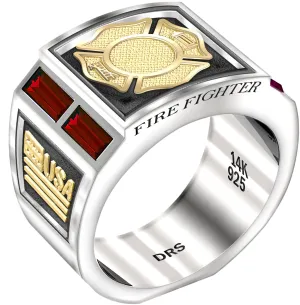 Men's Two Tone 925 Sterling Silver and 14k Yellow Gold Simulated Ruby Fire Fighter Ring
