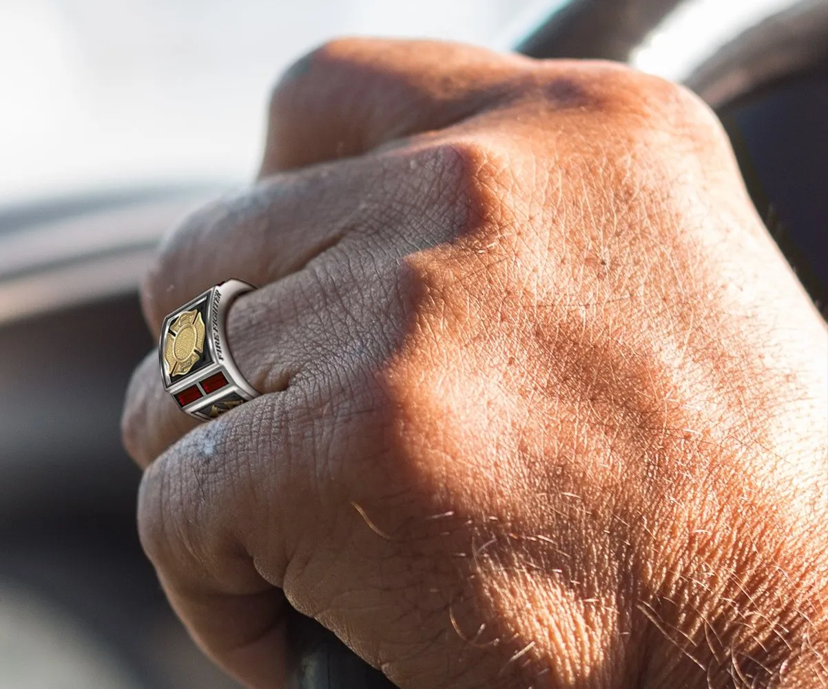 Men's Two Tone 925 Sterling Silver and 14k Yellow Gold Simulated Ruby Fire Fighter Ring