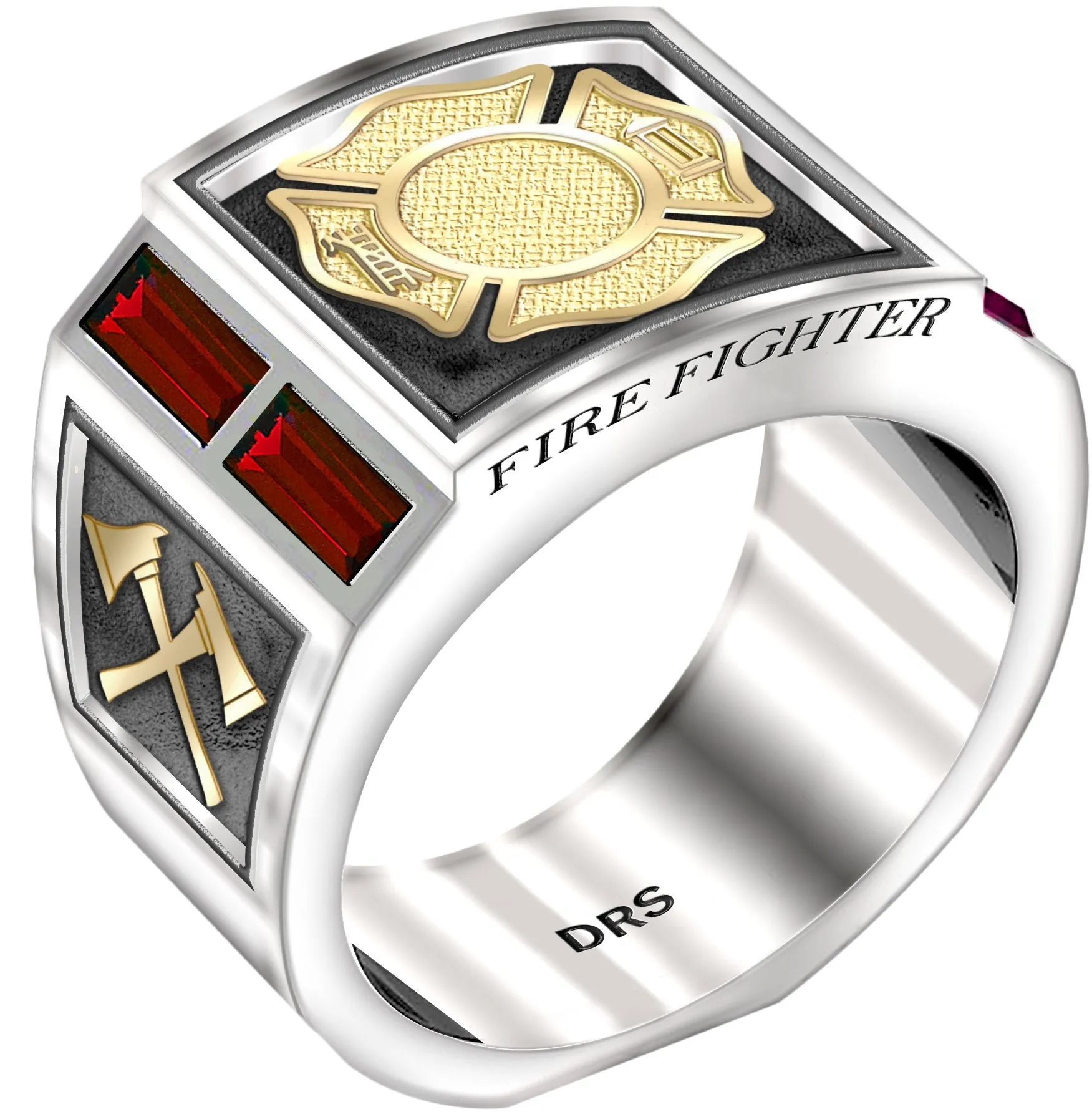 Men's Two Tone 925 Sterling Silver and 14k Yellow Gold Simulated Ruby Fire Fighter Ring