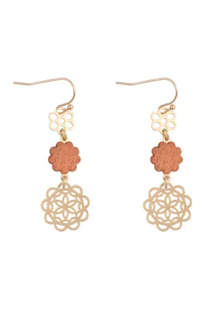 MORROCAN FLOWER WOOD METAL DROP LINK EARRINGS