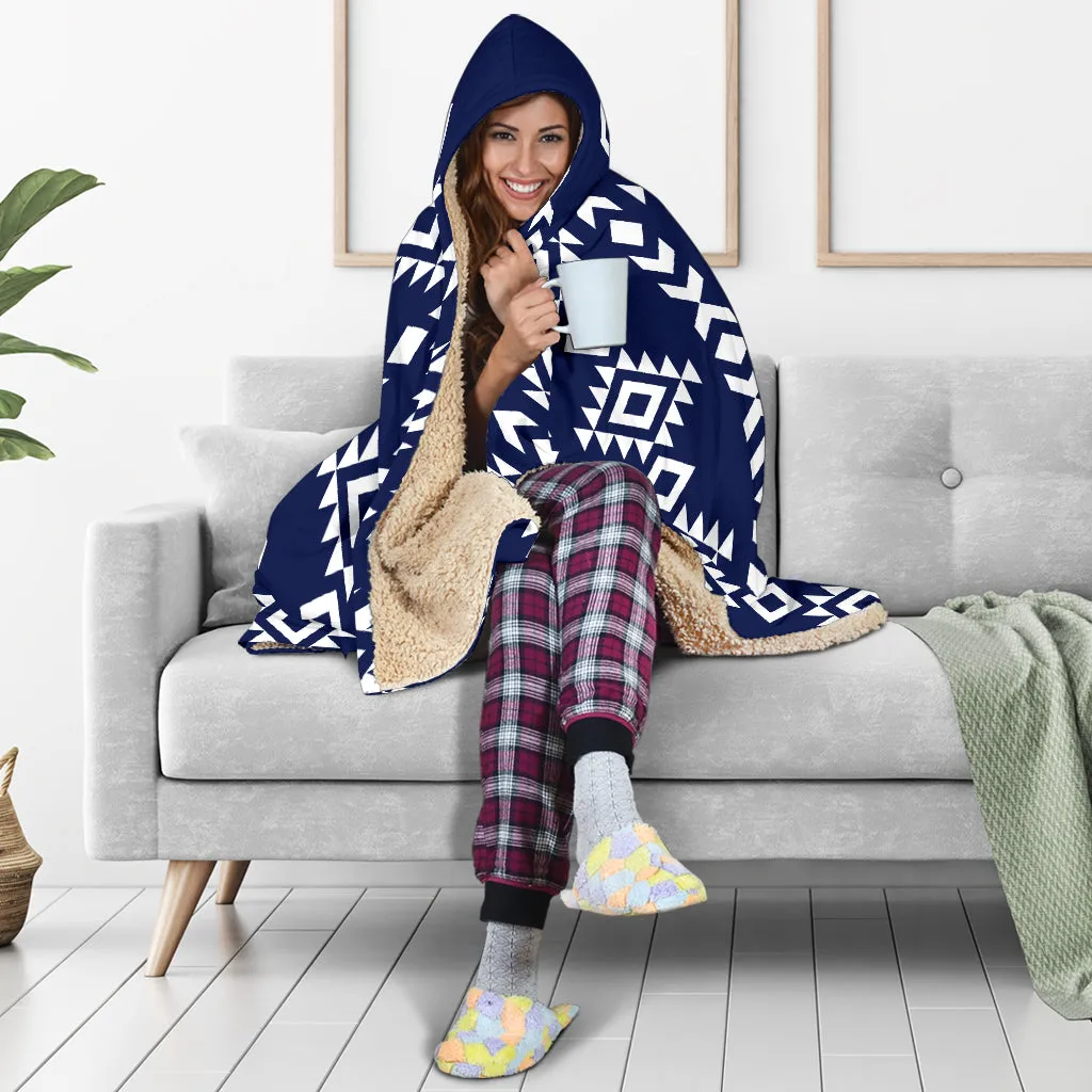 Navy Blue With White Ethnic Tribal Pattern Hooded Blanket With Sherpa Lining