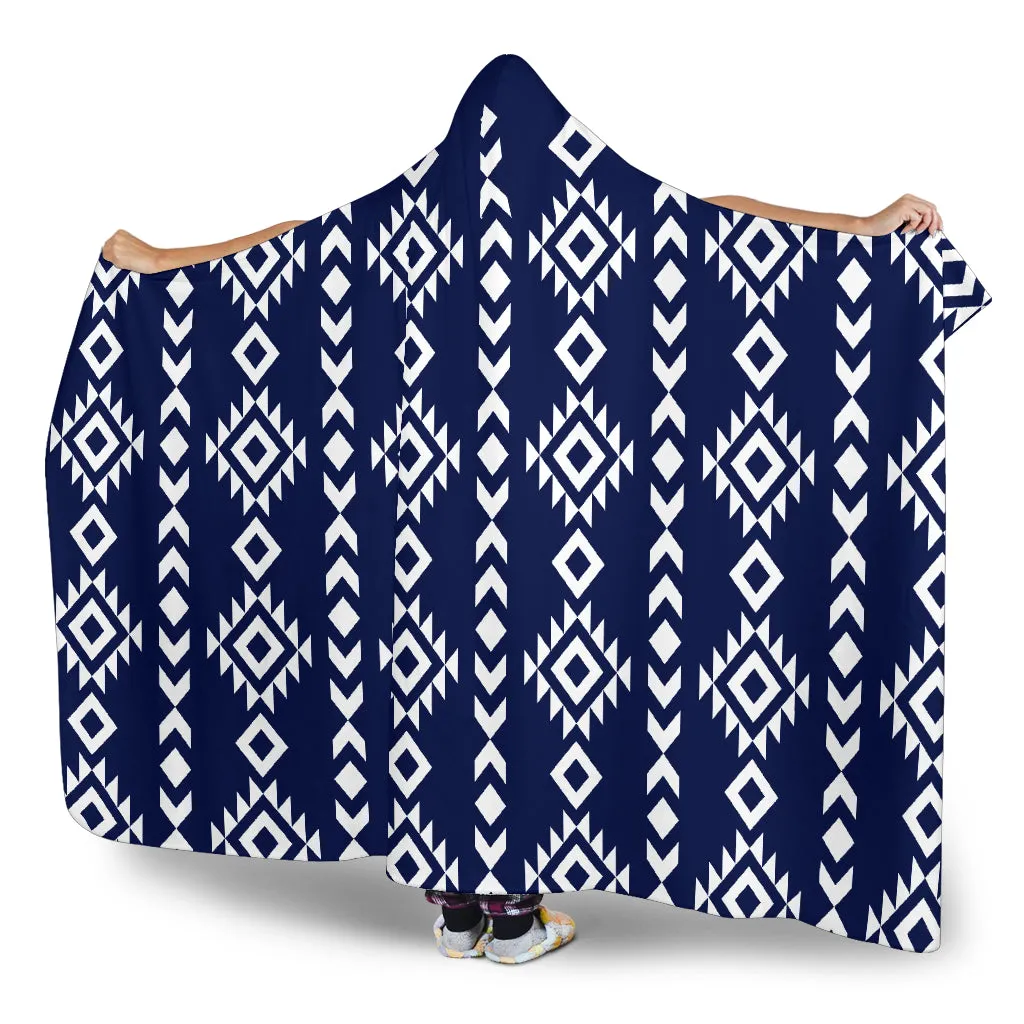 Navy Blue With White Ethnic Tribal Pattern Hooded Blanket With Sherpa Lining