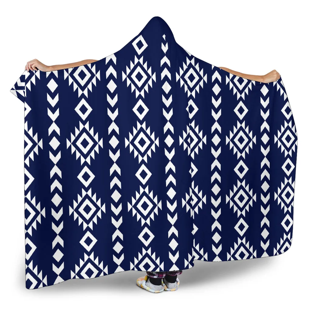Navy Blue With White Ethnic Tribal Pattern Hooded Blanket With Sherpa Lining