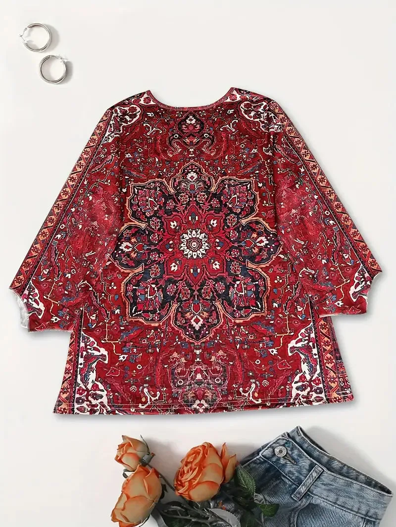 NEW Ethnic Print V-neck Loose T-Shirt, Vintage 3/4 Sleeve T-Shirt For Spring & Fall, Women's Clothing, Brick Red, Sz M