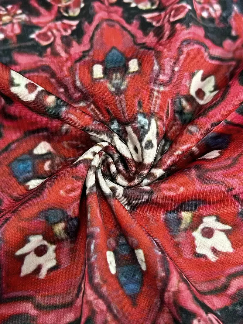 NEW Ethnic Print V-neck Loose T-Shirt, Vintage 3/4 Sleeve T-Shirt For Spring & Fall, Women's Clothing, Brick Red, Sz M