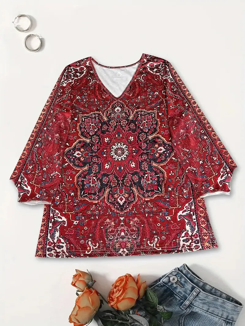 NEW Ethnic Print V-neck Loose T-Shirt, Vintage 3/4 Sleeve T-Shirt For Spring & Fall, Women's Clothing, Brick Red, Sz M