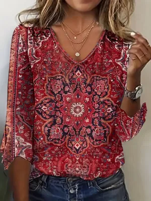 NEW Ethnic Print V-neck Loose T-Shirt, Vintage 3/4 Sleeve T-Shirt For Spring & Fall, Women's Clothing, Brick Red, Sz M