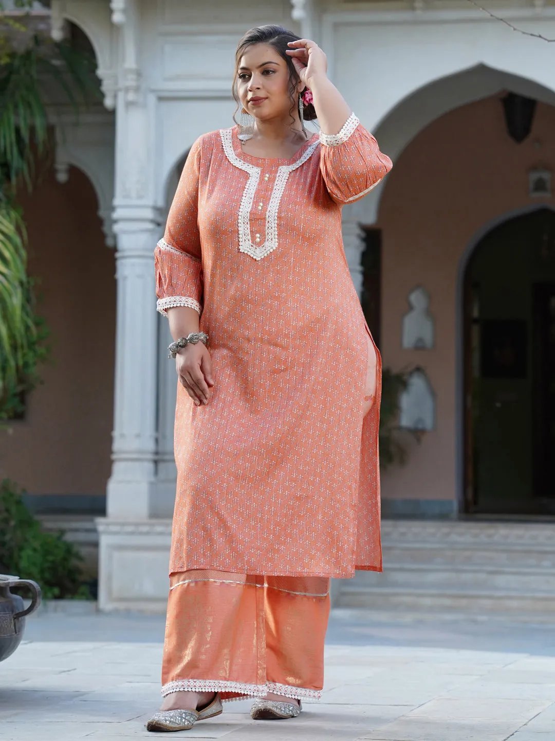 Orange Ethnic Printed Kurta With Palazzo