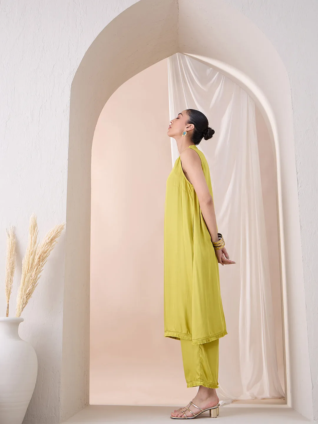 Pear Green Fringe Lace Detailing Long Kurta With Straight Pant
