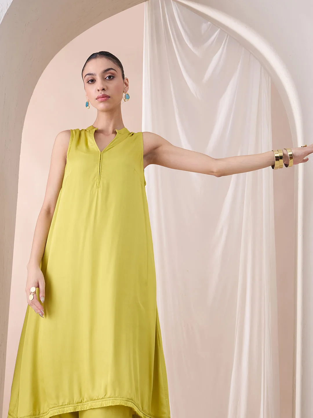 Pear Green Fringe Lace Detailing Long Kurta With Straight Pant