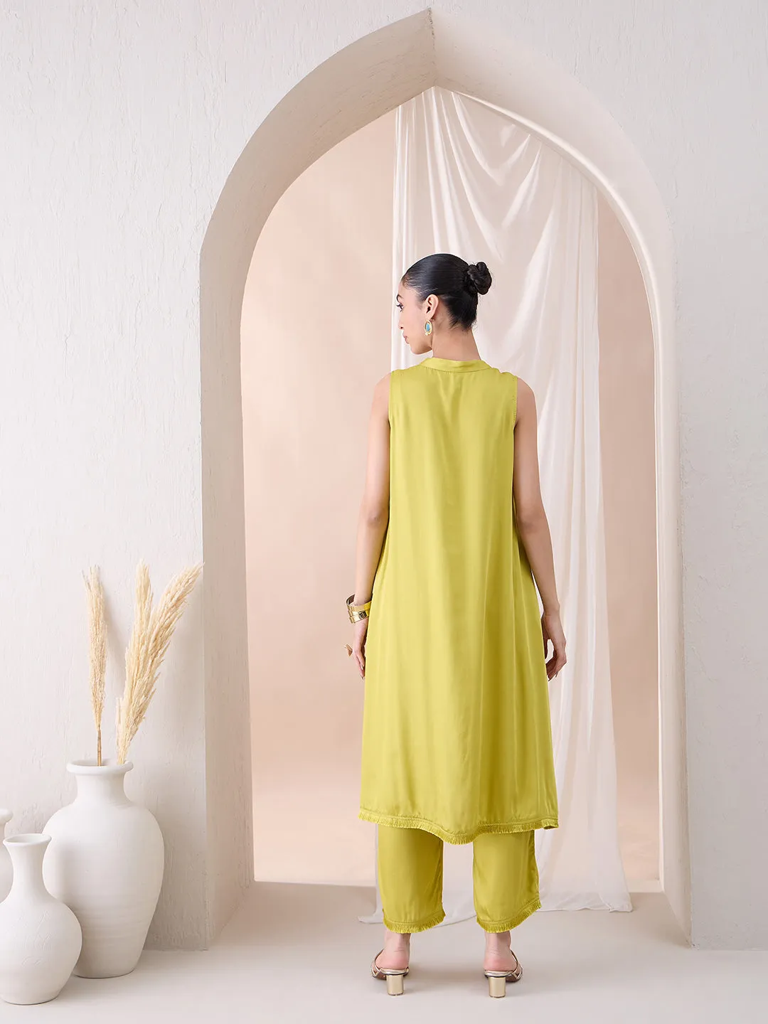 Pear Green Fringe Lace Detailing Long Kurta With Straight Pant