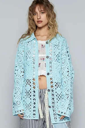 POL Crochet Button Up Cardigan with Chest Patch Pockets