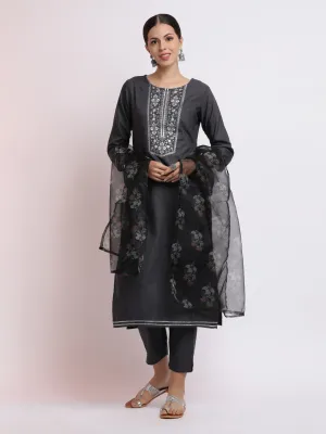Poly Silk Embroidered Kurta Set With Organza Dupatta