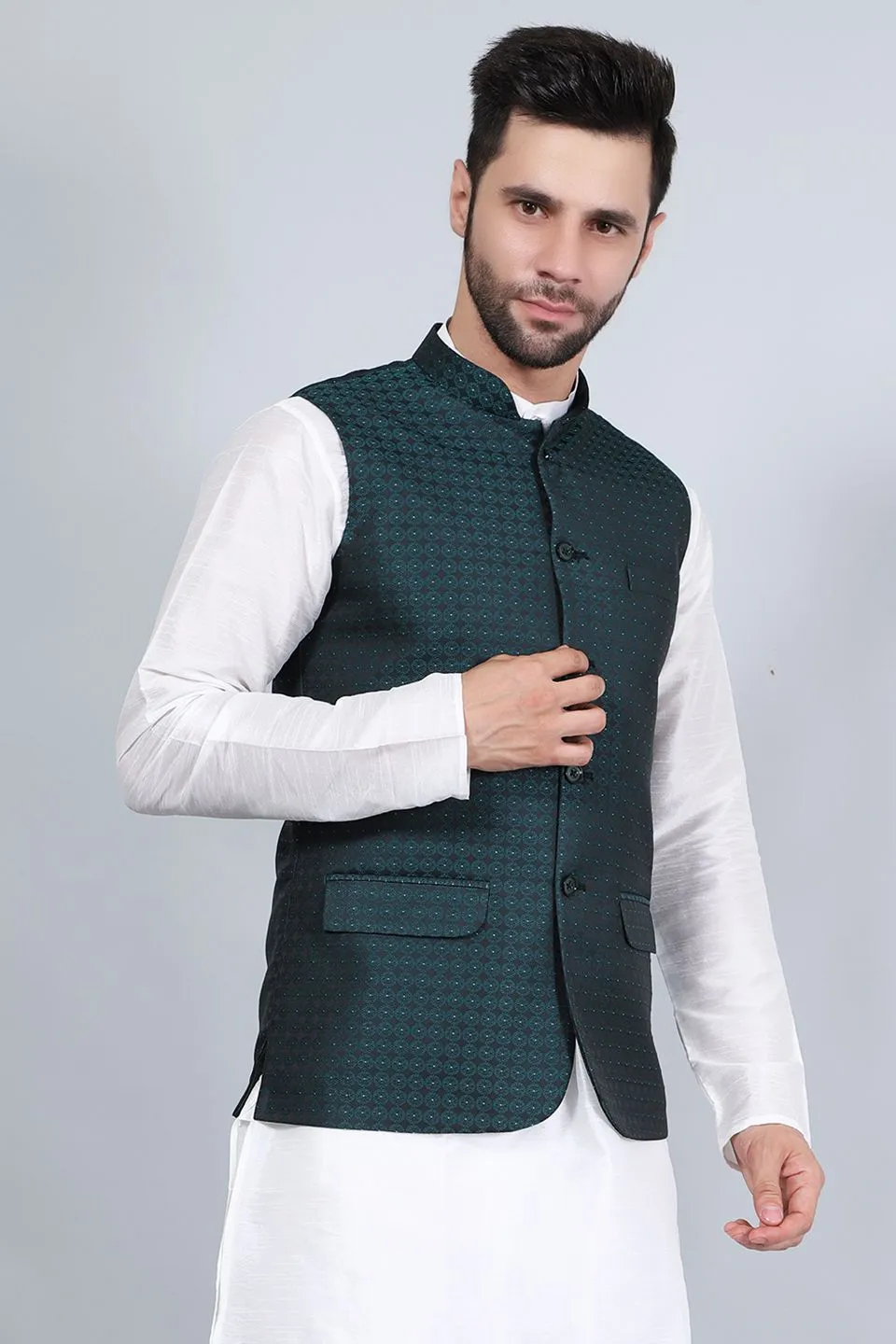 Poly Viscose (BY RAYMOND'S ETHNIC) Green Modi Nehru Jacket