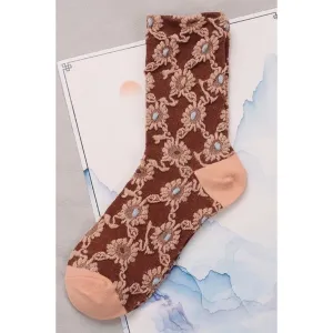 Rufia - Brown with Pink Flowers Embossed Women's Socks