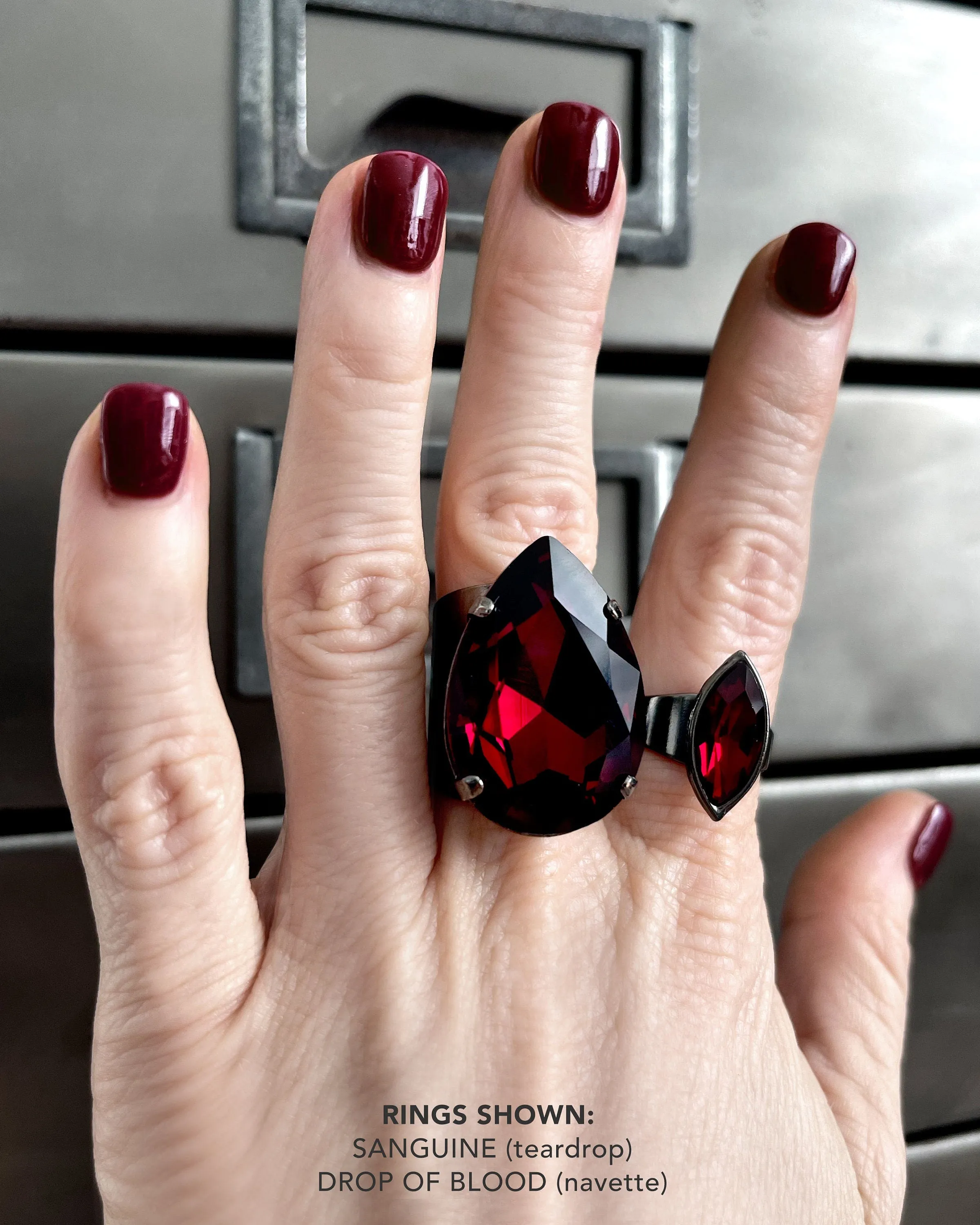 SANGUINE - Gothic Blood Red Crystal Ring - Teardrop